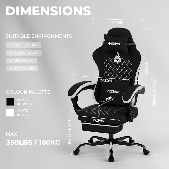 Геймерське крісло Ergonomic з підставкою для ніг та підтримкою спини, регульоване, для дому, офісу, кіберспорту (чорно-біле)