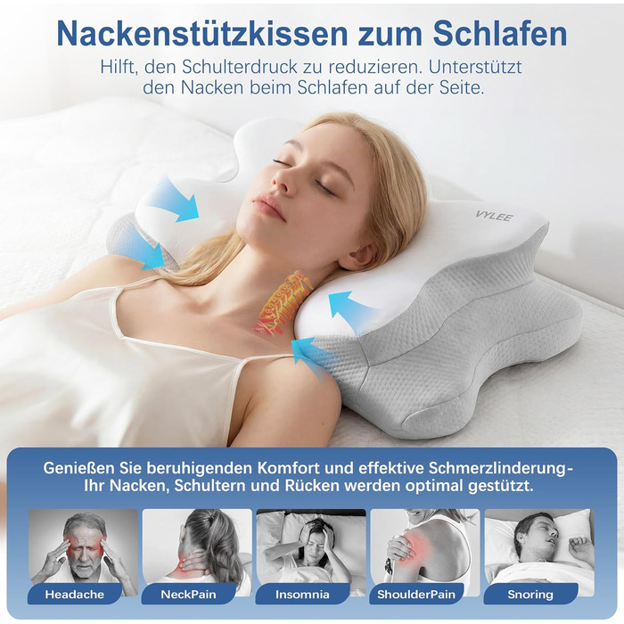 Подушка для шиї VYLEE з піни Memory Foam: ортопедична для сну на спині, боку та животі, від болю в шиї та плечах (Сіра)