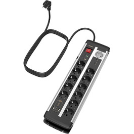 Мережевий фільтр Ucomen 10-фазний з USB та захистом від перенапруги (3680W 16A) для комп'ютерних столів, 10 розеток + 20W USB зарядний пристрій (USB-A та USB-C), кабель 1.5м