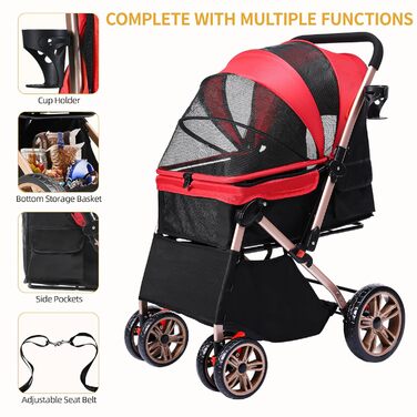 Візок для собак DWVO 3-в-1: візок, переноска, сумка. До 22 кг, EVA-колеса, відкидний кошик, сітчасті вікна, 58.5x76x105 см. Червоний колір