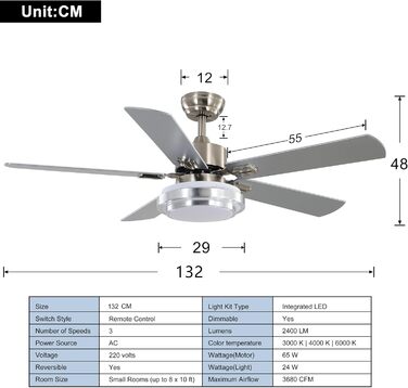 Вентилятор стельовий FINXIN з LED-лампою 132/122 см для спальні, вітальні, їдальні. 5 лопатей, Brushed Nickel, з пультом керування