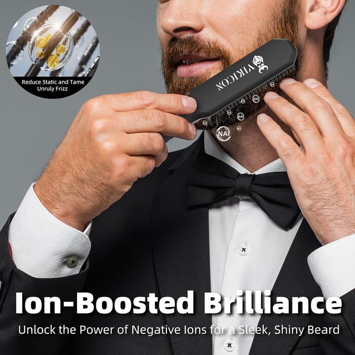 VIKICON Men's Beard Straightener Brush - Mini Pro Hair Straightener with Negative Ions, 3-Temp Settings, Portable & Fast for Beard & Hair Styling - Black