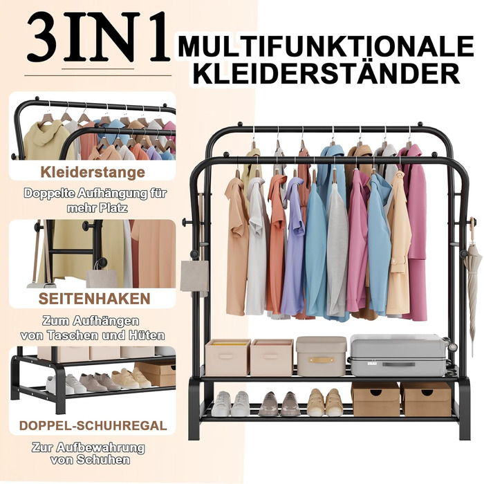 Вішалка для одягу металева подвійна Stabil з 8 гачками та 2 полицями для взуття, чорна – функціональна стійка для спальні