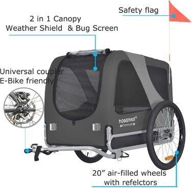 DOGGYHUT® Преміум великий велосипедний причіп для собак об'ємом 270 літрів, сірий (для середніх та великих собак)