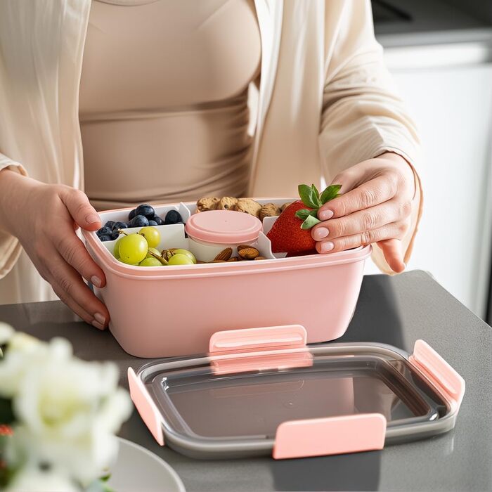 Ланчбокс Bugucat 2000 мл, витікання, Bento Box з відділеннями для дітей, контейнер для салату, набір з виделкою, для школи, пікніка, чорний (2000 мл, темно-рожевий)