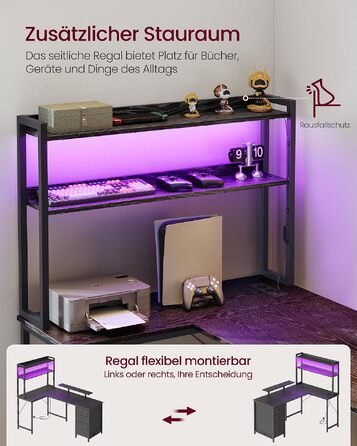 Ігровий стіл VASAGLE L-подібний з LED-підсвіткою та вбудованими розетками, чорний, 140x100x150 см