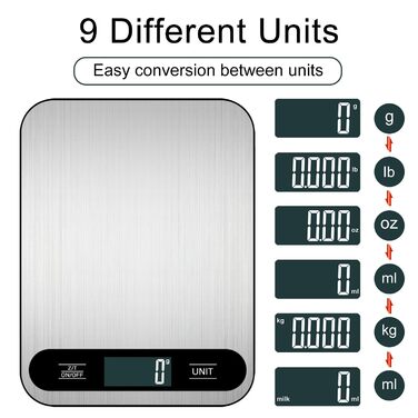 Кухонні ваги Vaolmlop, цифрові, 10 кг, LCD дисплей, багатофункціональні, з нержавіючою сталі, точність 1 г, срібні