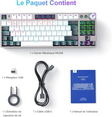 Механічна ігрова клавіатура TECURS бездротова 80% TKL з підсвічуванням, Red Switch, QWERTZ, для ПК, ноутбука, Windows, чорно-біла