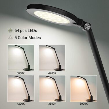 JUKSTG LED Desk Lamp - 12W Adjustable Office Table Lamp with Touch Control, Dimming, 10 Brightness Levels, 5 Color Modes, Eye Protection for Reading, Work, Kids - White/Black