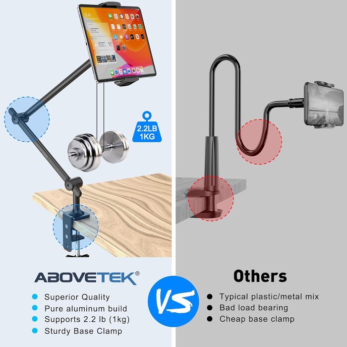 Тримач для планшета та смартфона AboveTEK, регульований підставочний рукав з обертанням 360° для столу та ліжка, сумісний з iPad Pro Air Mini, Galaxy Tab (4,7-13,5 дюймів) — Чорний