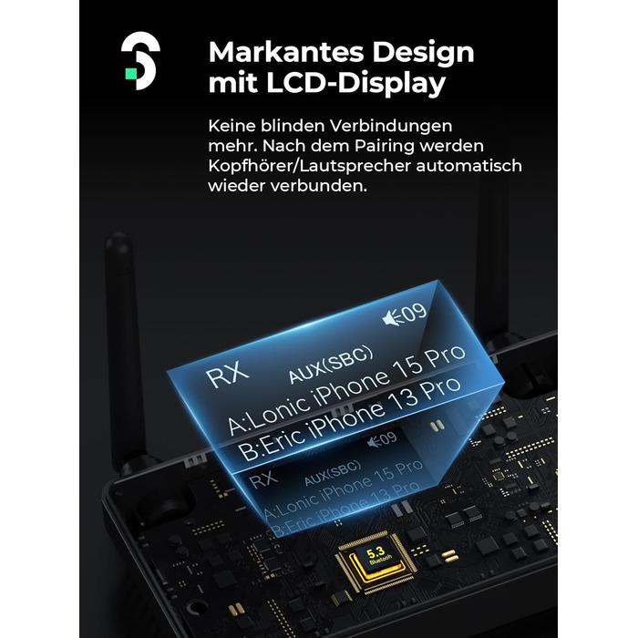 SOOMFON Bluetooth 5.3 Передавач-Приймач для 2 навушників, 3-в-1 Аудіоадаптер з подвійною антеною, Bluetooth Передавач-Приймач для ТВ/Стереосистеми, з регулюванням гучності, Aux/Cinch/Оптичний