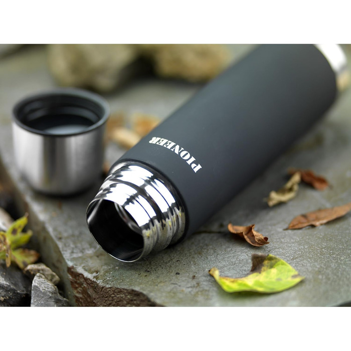 Pioneer Stainless Steel Insulated Flask with Button Lid & Drinking Cup - 1.0L Double-Walled Vacuum Insulation - Keeps Hot for 8 Hours, Cold for 24 Hours - Leakproof, BPA-Free - Black, 1000ml