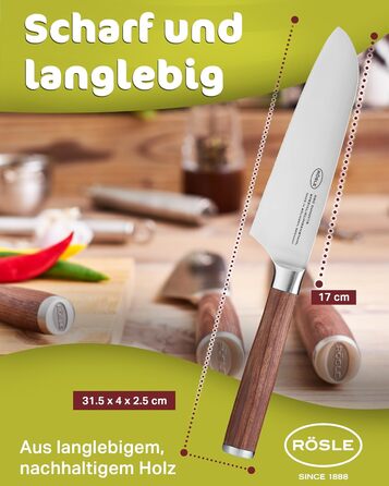 Кухонний ніж Santoku RÖSLE Masterclass 17 см, сталь, дерев'яна ручка, для м'яса, риби та овочів