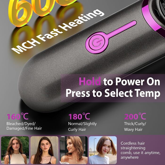 Бездротова щітка-випрямляч для волосся, 5200mAh, захист від опіків, 160°C-200°C