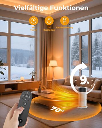 Електричний обігрівач 2000W з PTC-керамічним нагрівачем, тихий, з пультом керування, таймером, поворотним механізмом 70°, LED-дисплеєм для офісу, спальні, ванної кімнати, дому (білий)