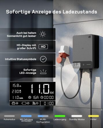 Wallbox 11 кВт з Wi-Fi та кабелем Type 2 7,5м, 3-фазне зарядне для електромобілів (BEV/PHEV), захист RCD Type A 30mA/DC 6mA, IP54, чорний