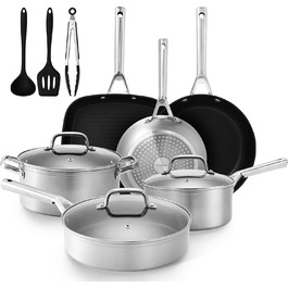 Набір посуду 18 предметів з керамічним покриттям, нержавіюча сталь, срібно-чорний, індукційний, для духовки, з антипригарним покриттям