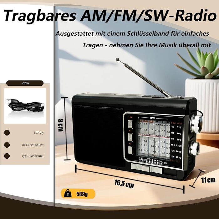 Портативне радіо на сонячній батареї з акумулятором 1200mAh, AM/FM/SW1-6, 8W динамік, Bluetooth, USB/TF, ліхтарик, кофре, для кемпінгу та подорожей (сірий)