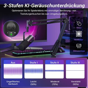 Професійний USB/XLR мікрофон TONOR TD510 AIR S+H для стрімінгу та подкастів з AI шумозаглушенням, RGB підсвіткою, кріпленням-пантографом, чорний