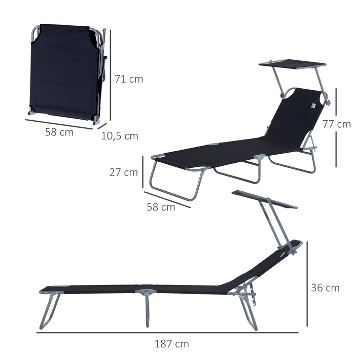 Розслабниця Outsunny для саду, складана з сонцезахистом, розміром 187x58x36 см, чорного кольору, ідеально підходить для тераси та балкону.