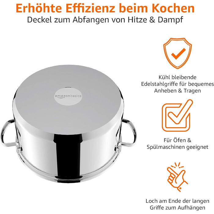 Amazon Basics Набір посуду 11 предметів, нержавіюча сталь, підходить для індукції, з кришками, сріблястий