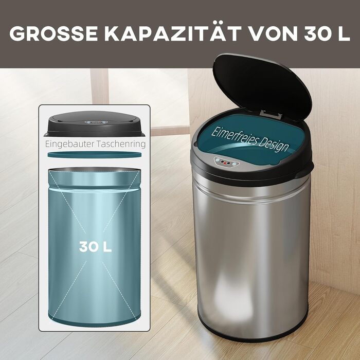Сміттєвий бак сенсорний HOMCOM 30л нержавіюча сталь срібний з автоматичною кришкою та датчиком руху для кухні, офісу, спальні