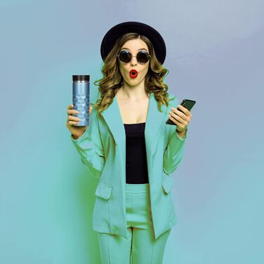 Термокружка Diamond з нержавіючої сталі 450 мл, Aquamarin Blue, з кнопкою, без BPA, витримує гарячі та холодні напої, витікання захищено, матова блискуча поверхня