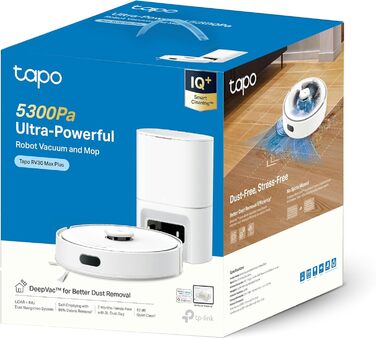 Робот-пилосос Tapo RV30 Max Plus з функцією миття та автоматичною станцією самостійного очищення, 5300Pa, LiDAR+IMU, голосове керування Alexa & Google Assistant, білий