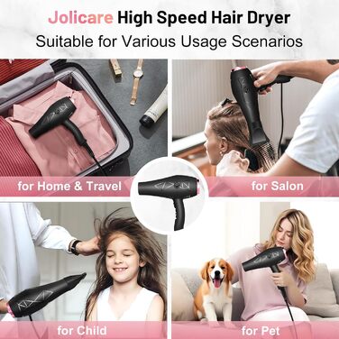 Фен Jolicare з іонізацією та насадкою-дифузором, 2400W, блакове світло, професійний для локонів, салонний, з 1 дифузором та 2 концентраторами, 3 температурні режими, 2 швидкості (Чорний)