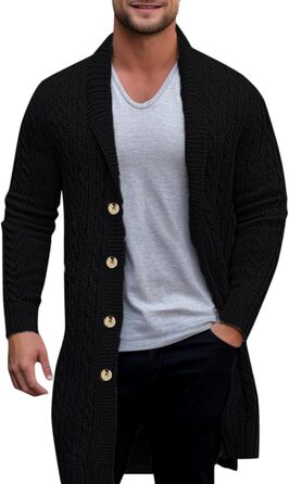 Чоловічий кардиган з довгими рукавами, в'язаний з крупною в'язкою, з ґудзиками, теплий, чорний. Ідеальний для осені та зими