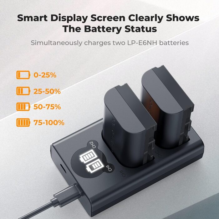 Акумулятор Canon LP-E6NH 2600mAh (2 шт.) з зарядним пристроєм (2 слоти) - сумісний з EOS R7, R5, R6, 5D II, III, IV, 6D, 6D II, 7D, 7D II, 60D, 70D, 80D, 90D