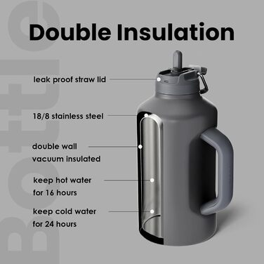 BOTTLE BOTTLE Insulated Water Bottle with Straw and Double Lid, Stainless Steel Sports Water Bottle for Men, with Handle, Vacuum Stainless Steel, for Workout and Sports, 1.8L (Gray)
