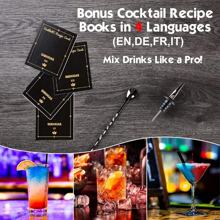 Набір для коктейлів 21 предмет | Набір шейкерів для коктейлів з обертовим підставкою | Шейкер з міцної нержавіючої сталі з аксесуарами | У комплекті стильна чорна подарункова коробка | Барний набір (Чорний)