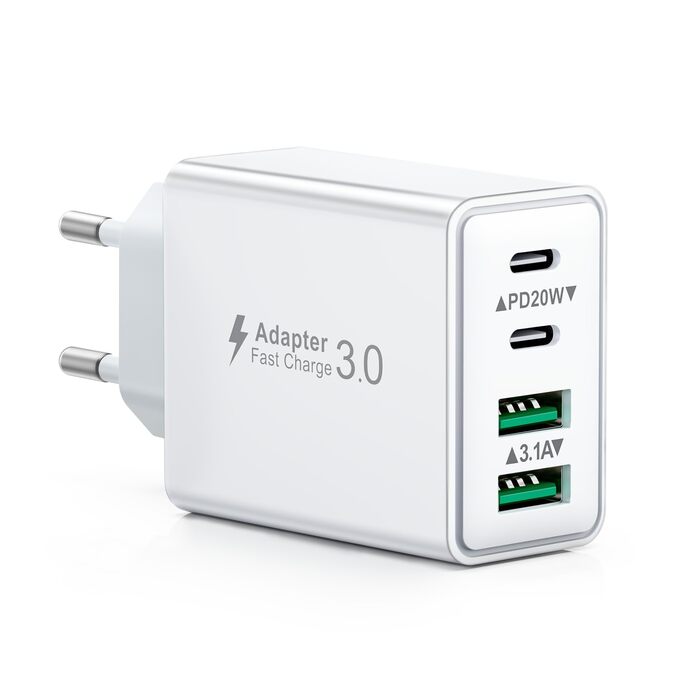 Мережевий адаптер USB C 40W з 4 портами, швидка зарядка, білий. Підходить для iPhone, iPad, Samsung та інших телефонів.