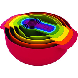Joseph Joseph Nest 9 Plus, 9-Piece Compact Food Preparation Set with Colander and Mixing Bowls, Space-Saving - Red, 28.5 x 28.5 x 14.5 cm