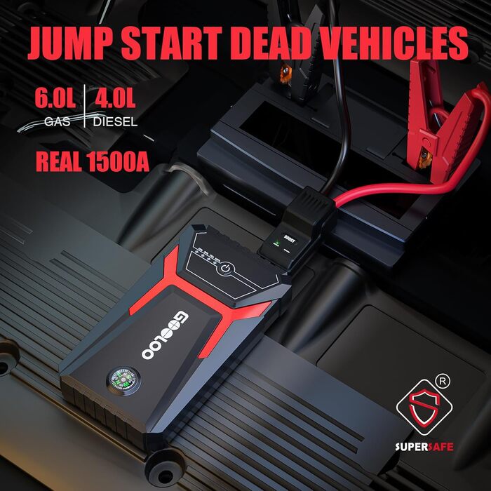 Powerbank з компресором GOOLOO A3 для автомобілів 12V (до 9.0L бензин/6.5L дизель), 1500A, 150PSI, LED-дисплей