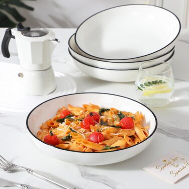 MALACASA Набір посуду 6 шт. з порцеляни: тарілки для пасти, супу, салату, сервірування. Білий з чорним обідком, 1250 мл