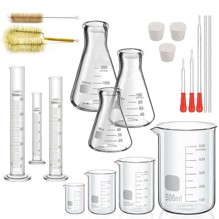 Beaker Glasses, Erlenmeyer Flasks, Measuring Cylinders Set, ZEEROQOLAB 4 Graduated Beakers, 3 Glass Measuring Cylinders with 3 Conical Flasks, with 3 Glass Pipettes, 2 Glass Stir Sticks, and 2 Wash Brushes
