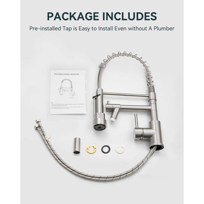 Сучасна кухонна змішувач Warmiehomy з LED-підсвічуванням, поворотний на 360°, з двома виливами, високий вигин, спіральна пружина, для мийки, з нержавіючої сталі, брашований нікель