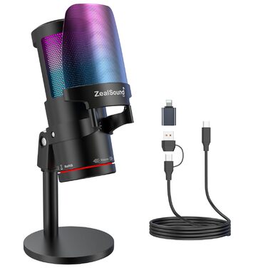 Zealsound USB мікрофон для ПК та мобільного телефону: RGB, з регулюванням гучності, кнопкою вимкнення звуку, поп-фільтром, тримачем-амортизатором та підставкою. Для подкастів, стрімінгу, Discord, YouTube, TikTok (KM8)