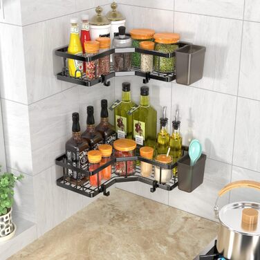 FINIBO Shower Shelf No Drilling, 2 Pack Adhesive Corner Shelf Bathroom Organizer, Shower Shelf Stainless Steel with 4 Hooks and 2 Toothpaste Holders, Black Shower Shelf Shower Basket for Bathroom Kitchen