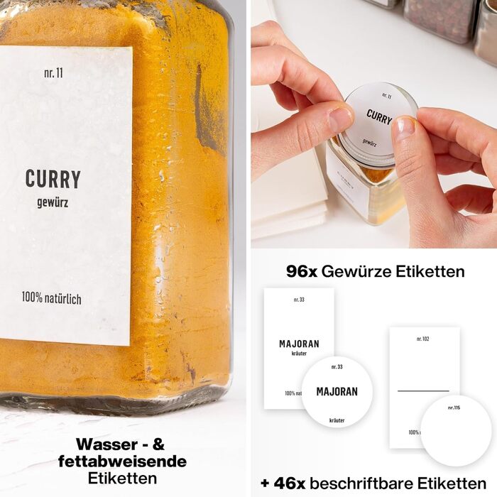 Скляні банки для спецій Deco haus® з кришкою та ситом [+Етикетки та сито] - Набір банок для спецій - Контейнери для спецій - Зберігання спецій - Організатор спецій (12 шт. - Білий)