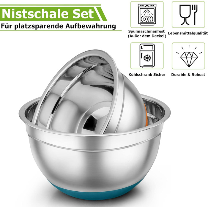 TEAMFAR Mixing Bowl Set, 7-Piece Stainless Steel Bowl Salad Bowl Set with Airtight Lids and Silicone Bottom, Nesting & Dishwasher Safe, 0.7L / 1.2L / 1.5L / 2.5L / 2.8L / 3.5L / 6.5L, assorted colors