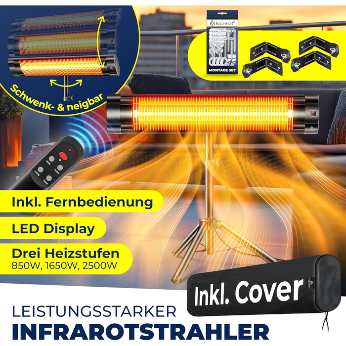 Інфрачервовий обігрівач KESSER® 2500W з пульт дистанційного керування та захисним чохлом, телескопічною стійкою, для тераси та дому