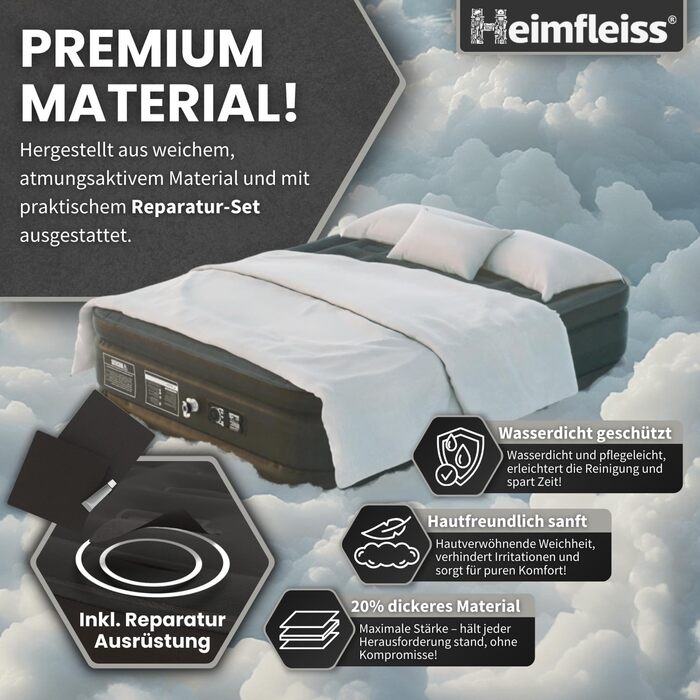 Надувний матрац самонадувний Heimfleiss® 150x200 см | Преміум матрац для гостей та кемпінгу | Матрац 2-х місний, чорний