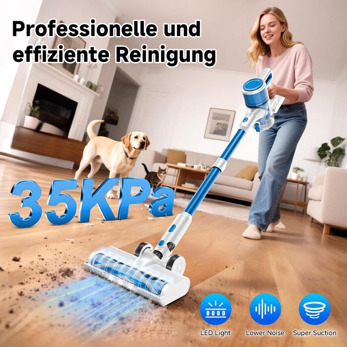 Бездротовий акумуляторний пилосос 35KPA/45Mins з LED-підсвічуванням, HEPA-фільтром та потужною насадкою для твердих підлог, килимів та шерсті тварин (Блакитний)