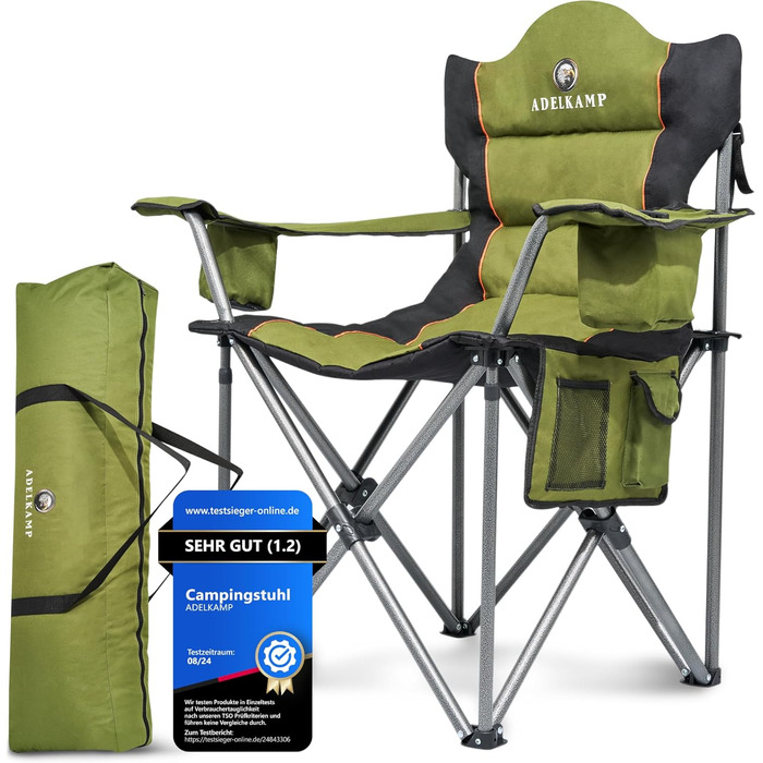 Складний туристичний стілець ADELKAMP з товстим м'яким сидінням, висока вантажопідйомність 150 кг, з сумкою-холодильником та тримачем для напоїв – переможець тесту 2024, преміум-якість, оливковий колір