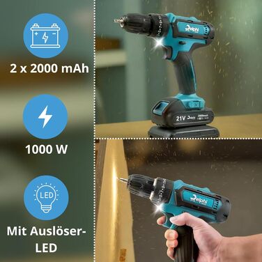 Акумуляторний ударний шуруповерт Delphi з 2 акумуляторами та зарядним пристроєм (50 Нм, 2200 об/хв - 2 швидкості) 21V комплект з кейсом (41 шт.) 2 x 2000 mAh з LED-підсвічуванням