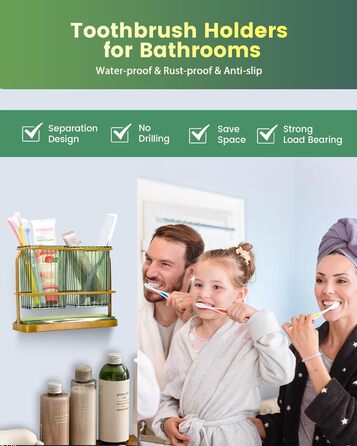 KONE Toothbrush Holder, Wall Mount, Bathroom, Hanging Electric Toothbrush Holder with 2 Removable Compartments, Drainage, Dry and Wet Separation for Bathroom, Kitchen, Family (White) (Gold)