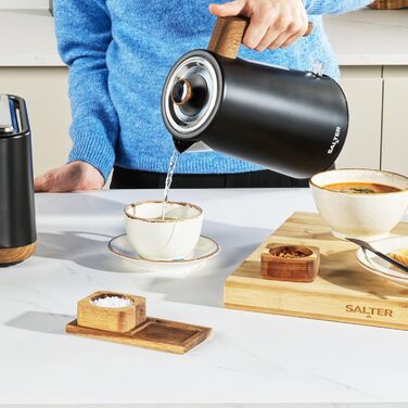 Електричний чайник Salter Toronto 1,7L, 3kW, чорний: швидке кип'ятіння, 360° підставка, фільтр від накипу, дерев'яний дизайн, бездротовий, захист від сухого кип'ятіння, автовимкнення, контролер Otter, чорний колір